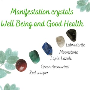 Ensemble de manifestations | Ensemble de cristaux de bien-être et de bonne santé | Soyez bien et restez en bonne santé | 5 beaux cristaux dans la boîte de cadeau | Carte Crystal Info