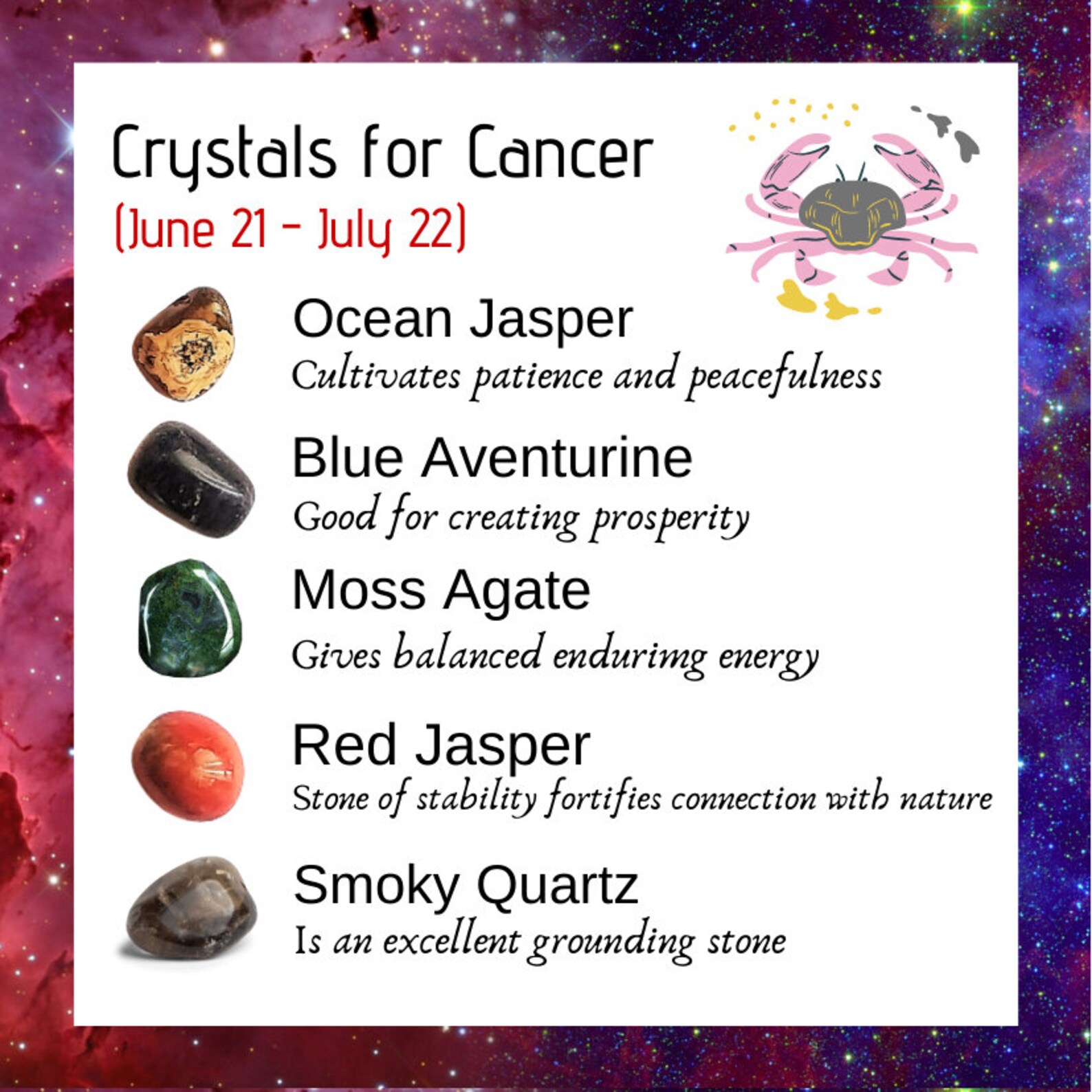 Cancer Zodiac Crystals Set 5 Crystals for Birthdates21st Etsy Polska