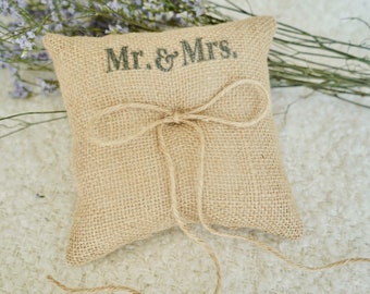 Mr & Mrs Rustic wedding ring pillow,  burlap ring bearer pillow - perfect for wedding styling and ceremony