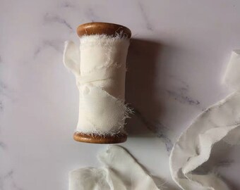 Hand-dyed Ivory Chiffon Ribbon with the wooden spools, perfect for Wedding bridal bouquet, invitations, wedding photography styling