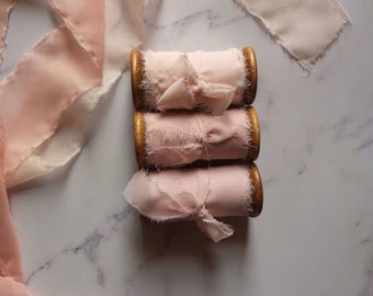 Hand-dyed Chiffon Ribbon with the wooden spools, perfect for Wedding bridal bouquet, invitations, wedding photography styling