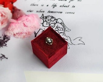 Red Velvet Square Ring Box- French vintage with embossment ROCOCO LADY design,wedding photography styling