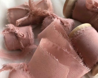 Hand-dyed Blush Pink Chiffon Ribbon with the wooden spools, perfect for Wedding bridal bouquet, invitations, wedding photography styling