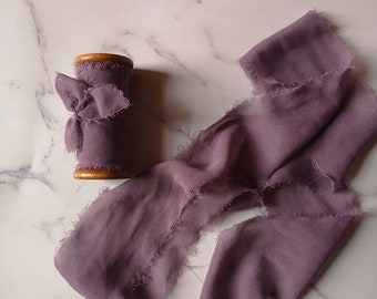 Hand-dyed Dusty purple Chiffon Ribbon with the wooden spools, perfect for Wedding bridal bouquet, invitations, wedding photography styling