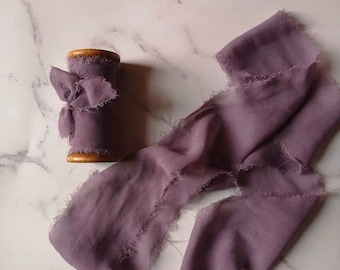 Hand-dyed Dusty purple Chiffon Ribbon with the wooden spools, perfect for Wedding bridal bouquet, invitations, wedding photography styling