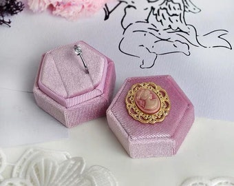 Pink Velvet hexagon Ring Box- French vintage with embossment ROCOCO LADY design,wedding photography styling