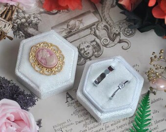 White Velvet hexagon Ring Box- French vintage with embossment ROCOCO LADY design,wedding photography styling