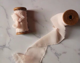 Hand-dyed Almond Pink Chiffon Ribbon with the wooden spools, perfect for Wedding bridal bouquet, invitations, wedding photography styling