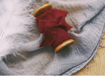 Hand-dyed Berry Red Chiffon Ribbon with the wooden spools, perfect for Wedding bridal bouquet, invitations, wedding photography styling