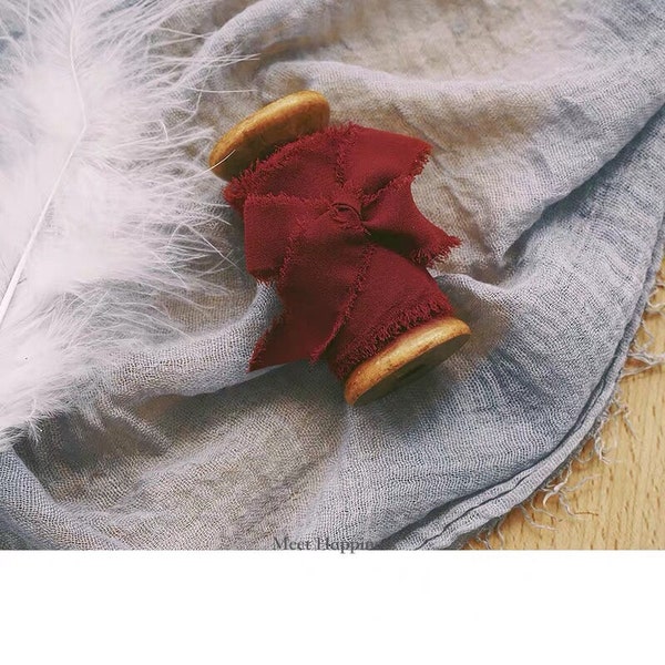 Hand-dyed Berry Red Chiffon Ribbon with the wooden spools, perfect for Wedding bridal bouquet, invitations, wedding photography styling