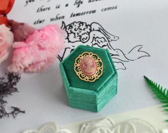 Emerald Velvet hexagon Ring Box- French vintage with embossment ROCOCO LADY design,wedding photography styling