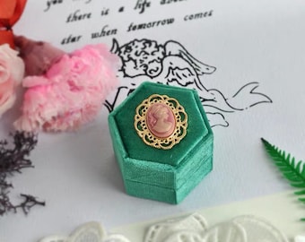 Emerald Velvet hexagon Ring Box- French vintage with embossment ROCOCO LADY design,wedding photography styling