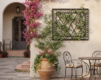 Free Standing Solid Metal Trellis Fence, Wrough Iron Bordered Diamond Trellis, Stand Alone Garden Trellis, Metal Panel Privacy Partition