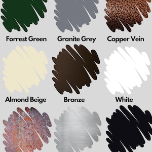 May include: Nine color swatches showing different paint finishes. The colors are Forrest Green, Granite Grey, Copper Vein, Almond Beige, Bronze, White, Rusted Finish, Raw Metal Finish, and Black.