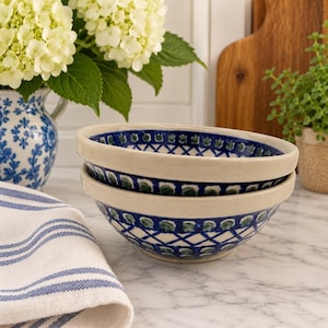 Cuencos de cerámica polaca Boleslawiec vintage, gres verde y azul con estampado floral – Par