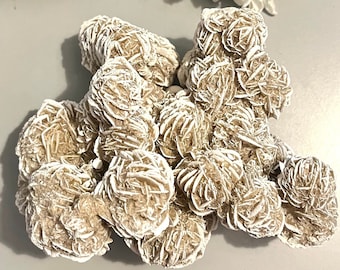 May include: A cluster of tan and white rose quartz crystals, also known as desert roses, with a delicate, layered, and textured appearance.
