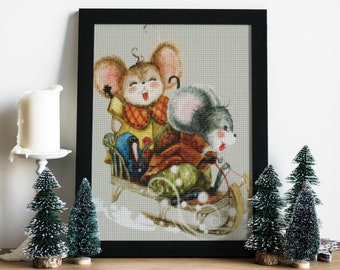 Christmas Mice Cross Stitch Pattern,Animal Cross Stitch,Digital Pattern,DMC Colors Palette,Xmas cross stitch, Xmas sentence PDF, Mice