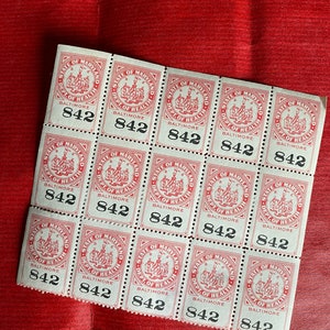 Sheet of Fifteen Red and White Revenue Bedding Stamps from Baltimore, Maryland