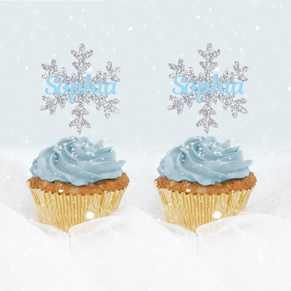 Personalized Name Snowflake Cupcake Topper, Pack of 6 Custom Name Glitter Snowflake Cupcake Toppers, Winter Wonderland Decor