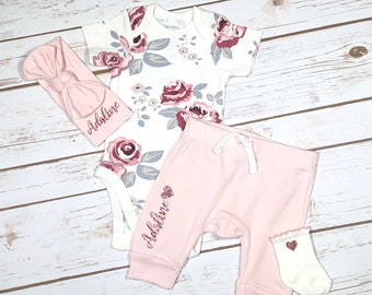 Custom Baby Coming Home Outfit, Custom Floral and Glitter Baby Name Outfit, Take Home Outfit, Floral Baby Onesie®, Newborn Onesie® Bodysuit