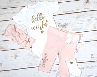 Custom Baby Girl Home from Hospital Outfit, Custom Name Baby Clothes, Hello World Baby Onesie®, Take Home Outfit, Newborn Onesie®