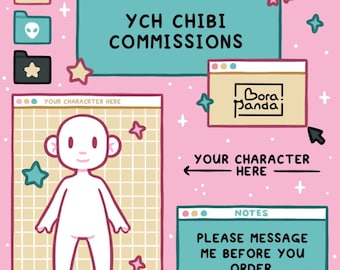 May include: A digital art commission advertisement with a pink background. The image features several computer windows with text that reads "YCH CHIBI COMMISSIONS", "YOUR CHARACTER HERE", and "PLEASE MESSAGE ME BEFORE YOU ORDER."