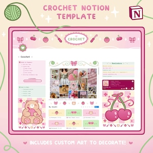 May include: A digital crochet notion template with a pink and white color scheme. The template includes the text "CROCHET NOTION TEMPLATE" and "CROCHET". The design features a bear holding yarn, cherries, and other crochet-related graphics.
