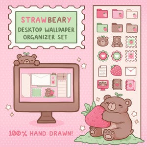 May include: A set of cute, hand-drawn digital desktop wallpaper organizers featuring a strawberry and bear theme. The set includes folders, notes, and other organizational elements. The text "Strawbeary Desktop Wallpaper Organizer Set" is displayed at the top of the image.