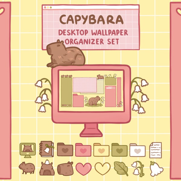 Capybara Computer Desktop Theme Background Wallpaper Organizer Set