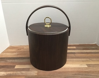 Midcentury Modern Style Woodgrain Vinyl Ice Bucket - 1970s