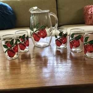 Vintage Set of Five Juice Glasses and Matching Pitcher with Red Apples Design