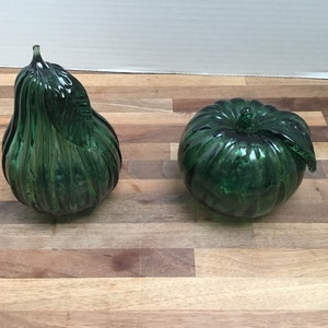 Vintage Italian Art Glass Fruit in the Shape of a Pear and Apple in Emerald Green