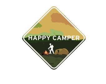 Happy Camper Street Sign Decal, Waterproof Vinyl, Water Bottle decor/ Laptop Sticker Gifts for Hikers, Outdoor Adventure Enthusiasts