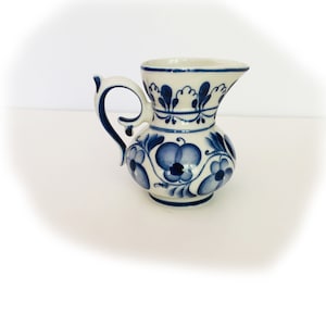 White with Blue Flowers Pitcher/Vase, Midcentury Gzhel, Russian