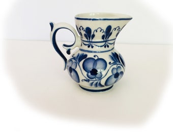 White with Blue Flowers Pitcher/Vase, Midcentury Gzhel, Russian