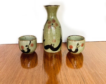 New Saki Set for Two. Light Green, Hand painted Blossoms.