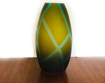 Olive Green and Turquoise Large Vintage Etched Vase