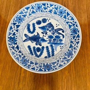 White and Blue Oriental Handpainted Sea Scene Porcelain Shallow Bowl. New but Vintage