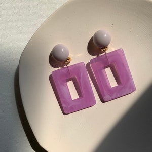 Rectangle Resin Acetate Earrings, Geometric Acrylic Drop Dangle, light Purple Tie Dye Pierced Studs / Non Pierced Clip-On Earrings