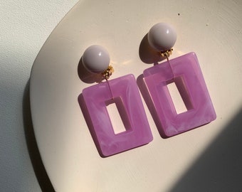 Rectangle Resin Acetate Earrings, Geometric Acrylic Drop Dangle, light Purple Tie Dye Pierced Studs / Non Pierced Clip-On Earrings
