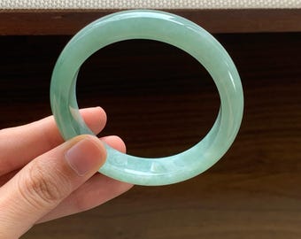 55mm Certified Genuine Icy Fine Grain Qing Green Round Jadeite Bangle, Burmese Myanmar Type A Grade A Untreated Jade Bracelet