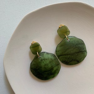 Irregular Circle Resin Acetate Earrings, Geometric Acrylic Drop Dangle, Olive Green, Pierced / Non Pierced Clip-On Earrings