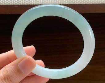 52mm Certified Genuine Icy Blue Water Gradient Round Bar Jadeite Bangle, Burmese Myanmar Type A Grade A Untreated Natural Jade Bracelet