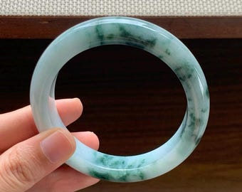 58.5mm Certified Genuine Light Green with Floating Floral Jadeite Bangle Burmese Myanmar Type A Grade A Untreated Natural Jade Bracelet