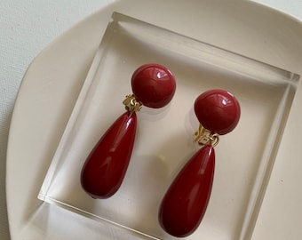 Wine Red Round Tear Drop Resin Acetate Earrings, Geometric Acrylic, Retro Classy, Pierced / Non Pierced Clip-On Earrings
