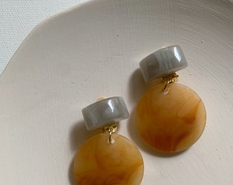 Round Resin Acetate Earrings, Geometric Acrylic Drop Dangle, Amber, Pierced / Non Pierced Clip-On Earrings