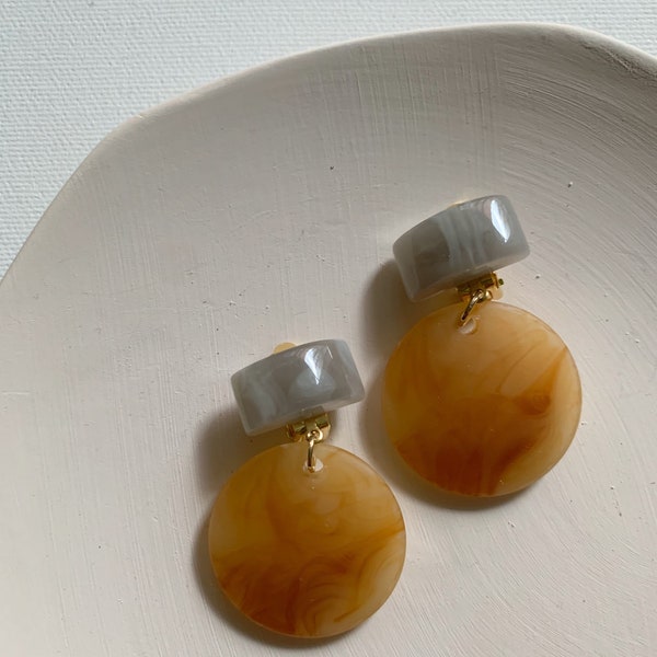 Round Resin Acetate Earrings, Geometric Acrylic Drop Dangle, Amber, Pierced / Non Pierced Clip-On Earrings