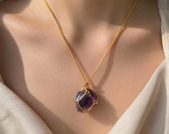 Raw Uruguay Amethyst Necklace, Deep Purple Crystal Pendant, Natural AAAA Healing Stone 18K Gold Plated Chain, February Birthstone Jewelry