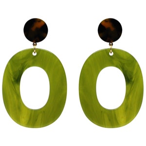 Créoles ovales vert olive en résine acétate, acrylique géométrique, pendentif rétro chic, boucles d'oreilles clip percées / non percées image 3