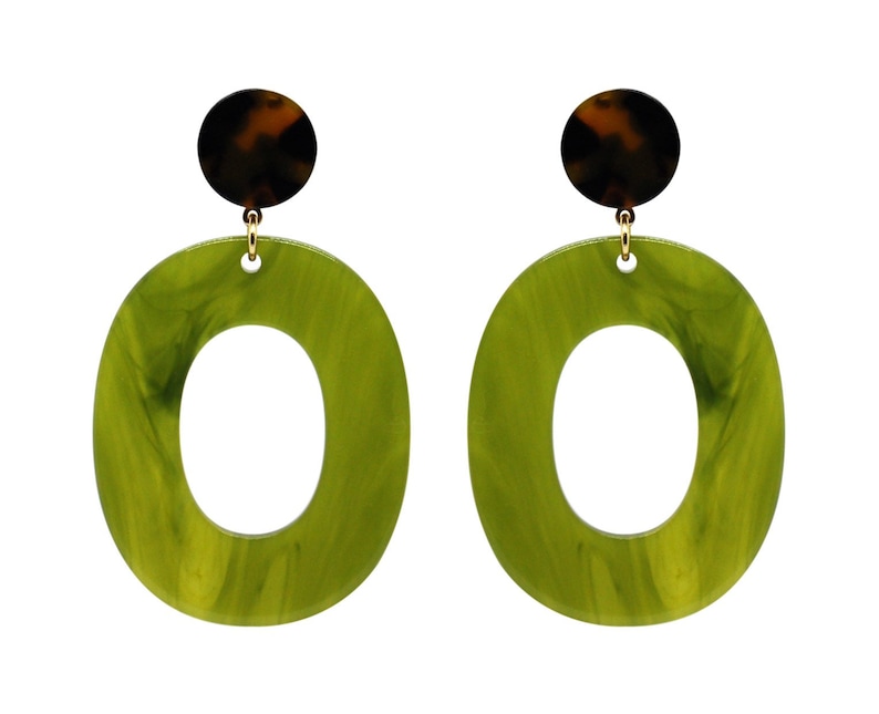 Créoles ovales vert olive en résine acétate, acrylique géométrique, pendentif rétro chic, boucles d'oreilles clip percées / non percées image 3